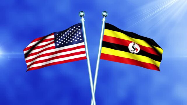 USA and Uganda Flag Waving On Pole Loop