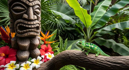 Exotic jungle scene with a vibrant green chameleon on a branch, a carved wooden tiki idol, and colorful tropical flowers