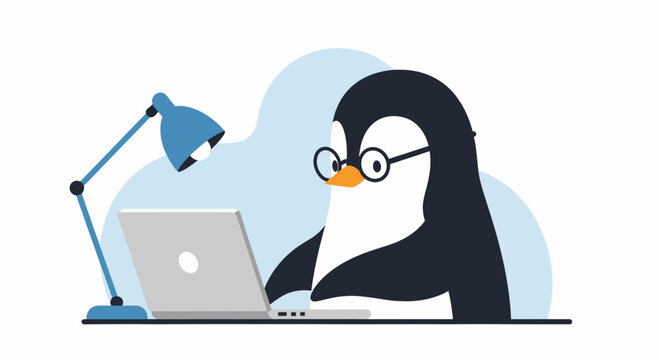 Penguin Programmer Working On Laptop Under Desk Lamp Illustration