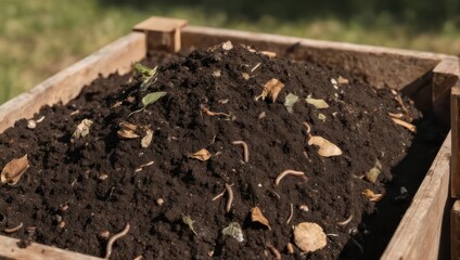 Dark rich soil, piled high in a wooden planter box, filled with decomposing organic matter, and earthworms