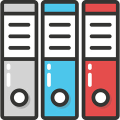 Three Standing Ring Binders In Gray Blue And Red With White Labels And Circular Labels On A Transparent Background Representing Organization And Data Management