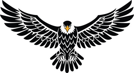 Black eagle with outstretched wings and yellow beak on white background bird