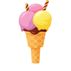 Three scoops of ice cream in a waffle cone with chocolate sauce and wafer sticks on a transparent background