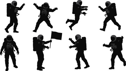 Black silhouette astronauts in various poses against white background space © Shamimara creative 