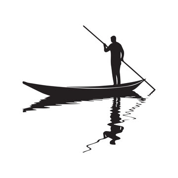 Silhouette vector illustration of a fisherman standing on a small boat rowing with a long pole, isolated on white background with water reflection.
