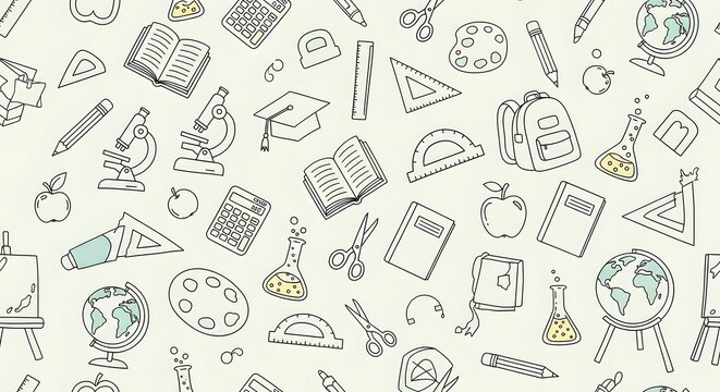 Seamless School Supplies Doodle Pattern Background perfect for website background, blog headers, social media graphics, educational printables,
