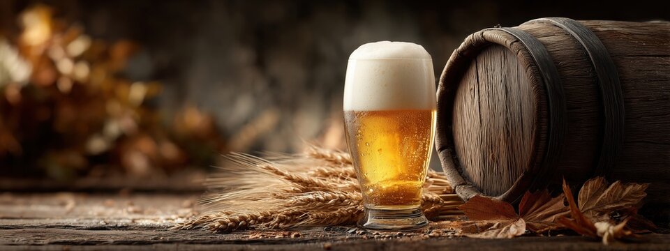 Golden Beer in Glass Beside Wooden Barrel with Wheat and Autumn Leaves on Rustic Table