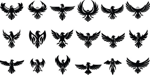 Collection of black eagle and phoenix bird silhouettes with spread wings vector