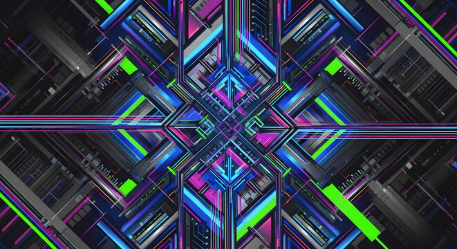 Abstract digital artwork featuring a complex geometric design with vibrant neon colors and intricate details.