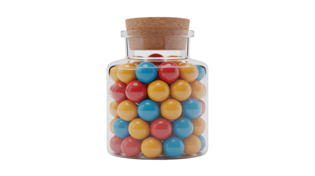 Colorful candy spheres fill vintage corked jar for sweet treat temptation design