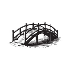 Black silhouette vector illustration of an arched wooden footbridge crossing over water, isolated garden landscape design element.
