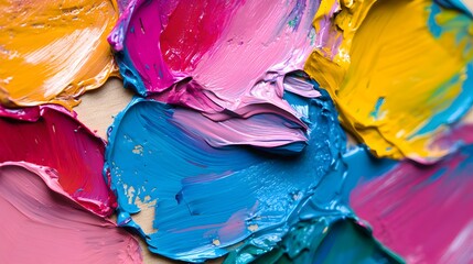 Close up shot shows thick smears of blue, pink, and yellow oil paint, creating a colorful artistic texture.