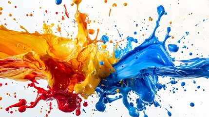 Vibrant blue and yellow paints collide in a dynamic splash against a clean bright white background image.