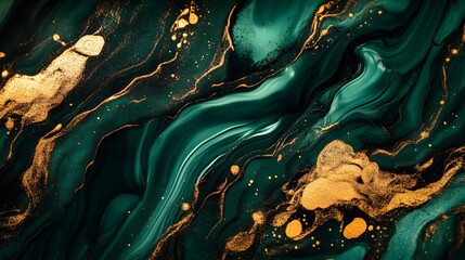Abstract dark green fluid art background with gold glitter accents creating a luxurious marble texture.