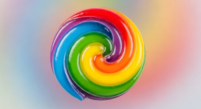 Vibrant Rainbow Swirl Lollipop on Colorful Gradient Background perfect for confectionery advertising, social media content, website banner, children's