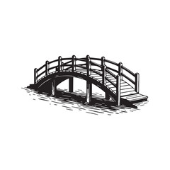 Black silhouette vector illustration of an arched wooden footbridge crossing over water, isolated garden landscape design element.

