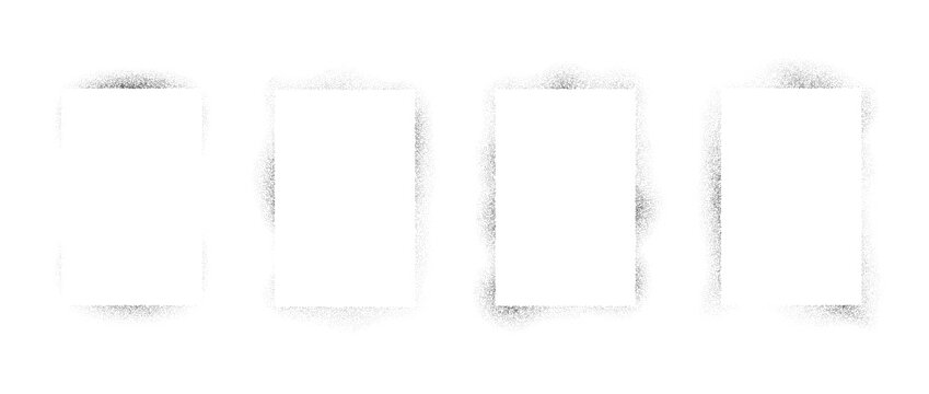 Sprayed noise rectangle frame collection. Black dot grain border set. Black stipple gradient boarder bundle for text box, banner, poster, decoration. Vector rough spray stencil graffiti effect frames