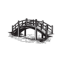 Black silhouette vector illustration of an arched wooden footbridge crossing over water, isolated garden landscape design element.
