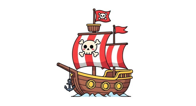 Cute Cartoon Pirate Ship Illustration with Skull and Crossbones Flag perfect for Kids' book illustration, party invitations, website graphic, t-shirt