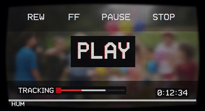 Retro VHS Play Screen Overlay with Blurry Party Background perfect for video effect, transition, nostalgic background, graphic design, social media