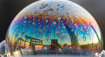 Iridescent Soap Bubble Reflecting Oil Pumpjack ? Fragile Future of Energy perfect for Environmental campaigns, energy reports, economic articles,