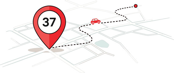 Fototapeta premium Navigation map concept featuring red location pin number thirty seven and car icon on dashed route line for gps tracking service vector illustration background