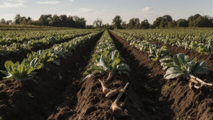 Rows of green leafy plants in dark soil.  Sunlight on the field