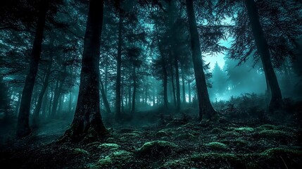 Naklejka premium mystical dark forest with towering trees emerging from thick turquoise fog, illuminating the mossy ground. Ideal for fantasy, mystery, or environmental