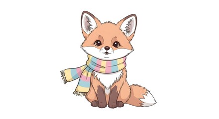 Obraz premium Adorable Cartoon Fox Wearing a Colorful Striped Scarf perfect for children's book illustration, nursery decor, t-shirt design, greeting card, sticker,