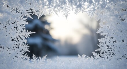 Intricate Frost Patterns Framing a Blurred Winter Forest View perfect for website banner, social media post, greeting card, winter advertising,