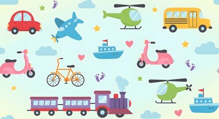 Cute Cartoon Transport Vehicles Seamless Pattern perfect for nursery wallpaper, children's textile design, wrapping paper, stationery, website
