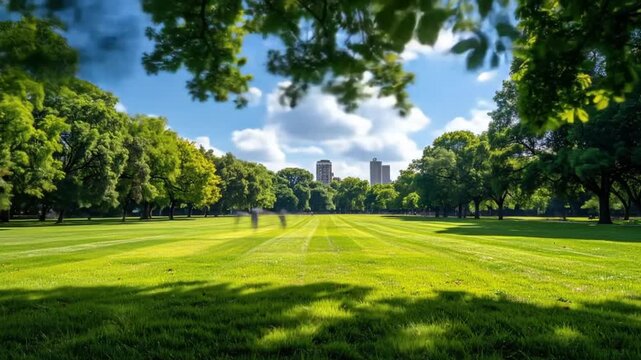 A serene visual panorama of a sun-drenched parkland, showcasing lush greenery and a tranquil vibe