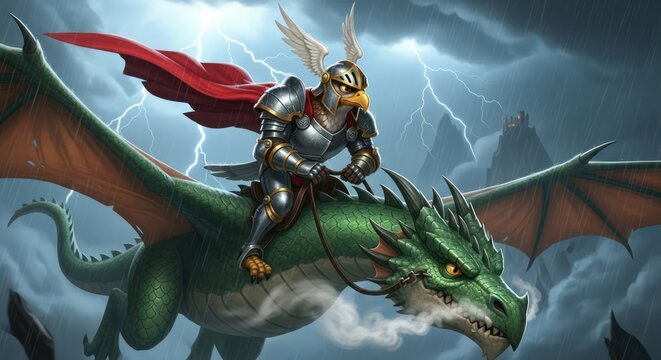 Epic flight through a storm knight with eagle head riding a green dragon illustration - Powered by Adobe