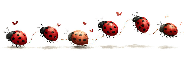 Cute ladybug icon set. Ladybugs flying on dotted route. Cartoon ladybirds with open wings. Vector isolated on white background.