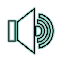 Glowing teal speaker icon emitting sound waves on a dark background