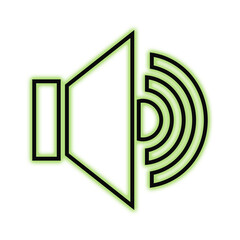 Glowing neon sound speaker icon emitting sound waves on a dark background