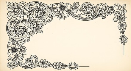 Fototapeta premium Vintage Ornate Floral Corner Border Engraving Illustration perfect for wedding invitations, elegant stationery, certificates, menus, book designs,