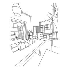 Detailed Line Art Sketch of a Modern Interior Room