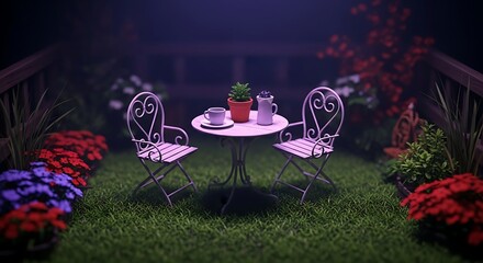 Serene Miniature Garden Tea Setting with Delicate Pink Furniture and Lush Greenery creating whimsical mood