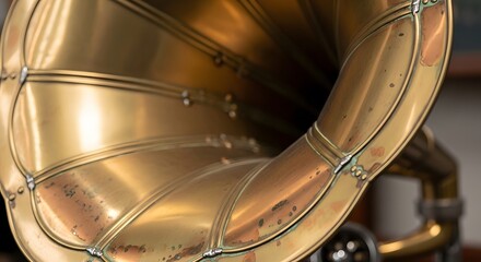Vintage Brass Gramophone Horn Close-up perfect for historical illustration, retro design element, music industry content, interior decor inspiration,