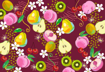 桃と洋梨と桜桃とキウイのランダムパターンの壁紙