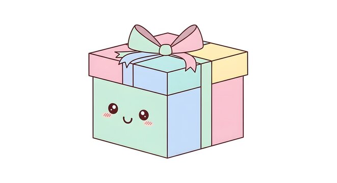 Kawaii Pastel Gift Box with Smiling Face perfect for greeting cards, social media posts, website graphics, children's products, party invitations, - Powered by Adobe