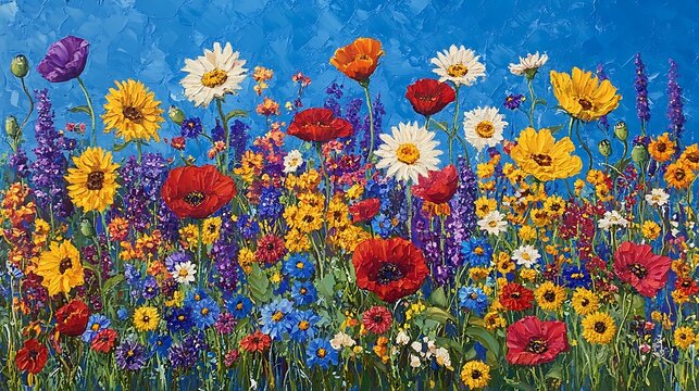 vibrant impasto oil painting of a cheerful summer wildflower meadow, featuring colorful poppies, daisies, and coneflowers against a textured blue sky - Powered by Adobe