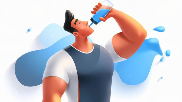 A muscular man drinking water from a bottle, emphasizing hydration and fitness with a vibrant background.