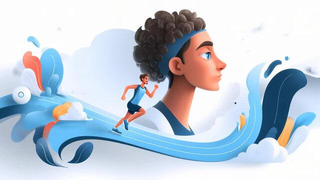 A stylized illustration of a runner in motion alongside a profile of a young person with curly hair, set against a colorful abstract background.