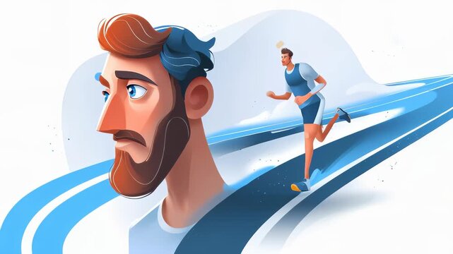 An artistic representation of a runner, featuring a man in motion with a stylized profile view and dynamic background.