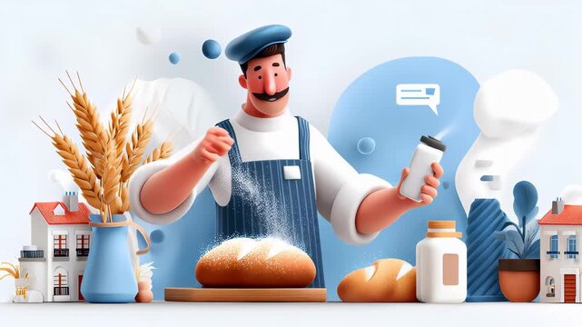 A cheerful baker sprinkles flour over bread in a colorful bakery scene with wheat and houses.