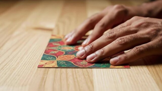 Origami Creation: Hands Folding Colorful Paper on Wood