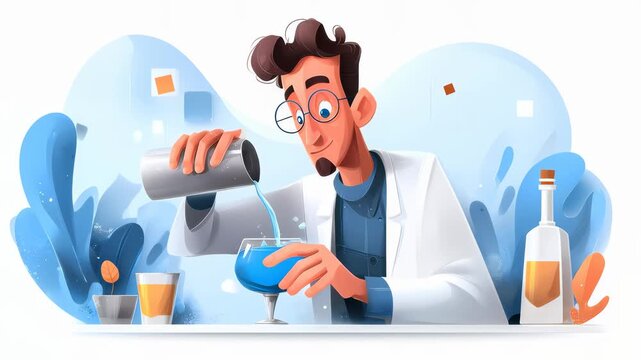 A scientist in a lab coat pours a blue liquid into a glass, surrounded by various bottles and liquids, creating an artistic and colorful scene.