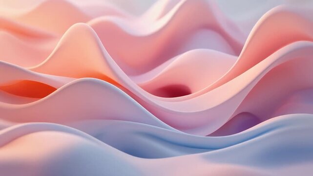 Soft minimalist abstract landscape formed by smooth liquid-like pastel waves in gentle motion. Gradient hues of peach, pink, and light blue create a serene, calm, and elegant visual suitable for backg
